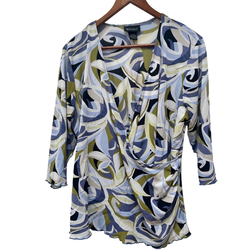 Lane Bryant Womens Size 14/16 Faux Wrap Abstract Print Top Blouse Ruffle Office